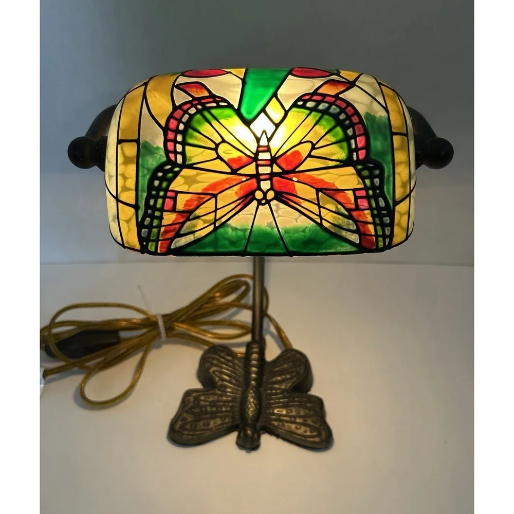 VTG Tiffany Style Stained Glass Bankers Lamp Butterfly Metal Base 9.5